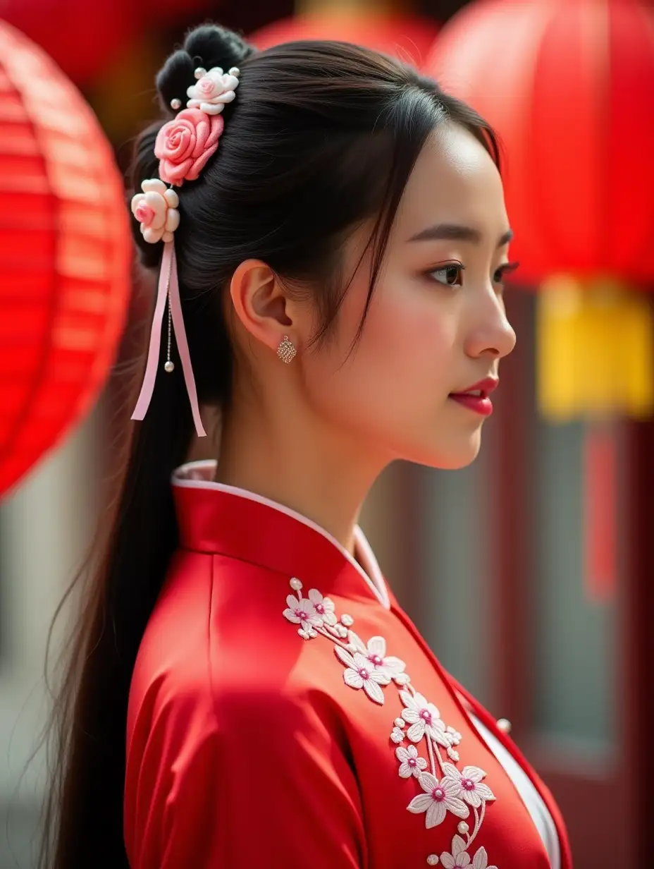 A side profile portrait of a young woman in traditional Chinese hanfu dress, photographed in a soft, dreamy style. She wears a bright red silk hanfu with white floral embroidery details. Her long dark hair is adorned with delicate pink and white fabric flowers, pearls, and trailing white ribbons in a traditional hair ornament. The background features blurred red Chinese lanterns creating a bokeh effect. The lighting is soft and natural, emphasizing her elegant profile and the glossy texture of the silk garment. The color palette focuses on red, pink, and white tones. Shot with shallow depth of field, creating a cinematic portrait effect.