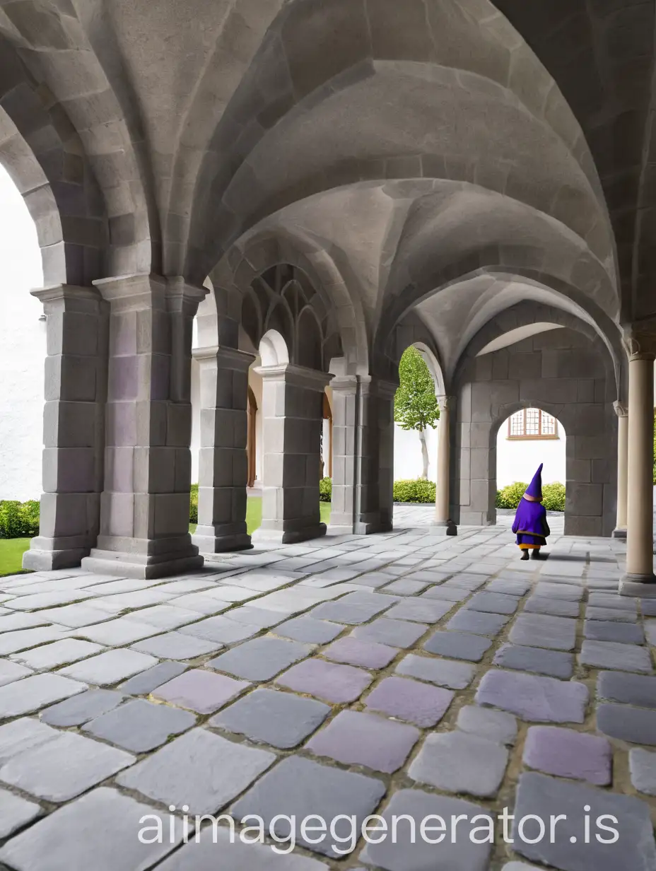 Gnome-in-Purple-in-Cloister-with-Ochre-Pillars-and-Courtyard-Trees