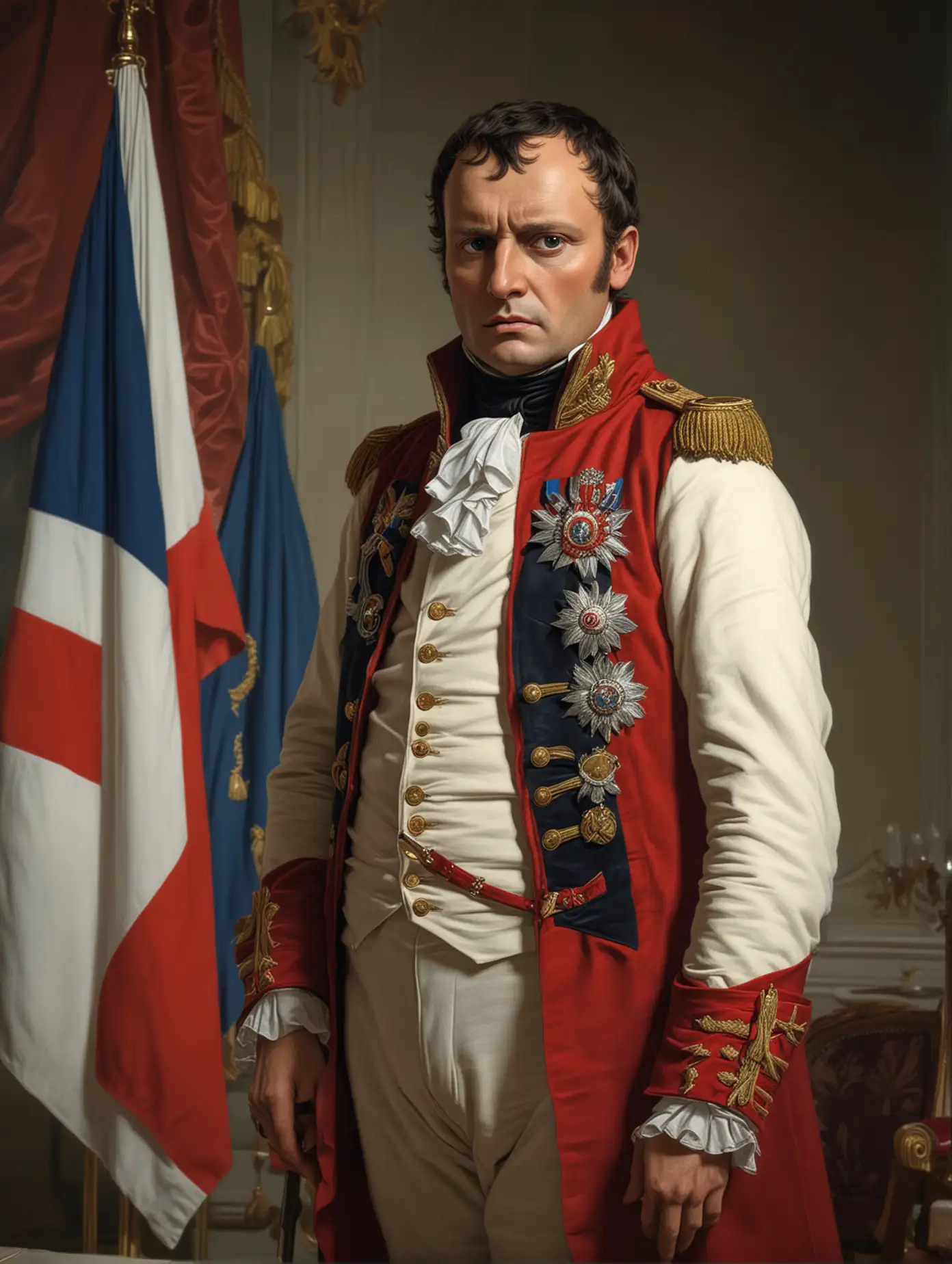 Napoleon Bonaparte in a modern presidential outfit, standing in front of French flags with a serious expression, holding a speech about upcoming reforms.