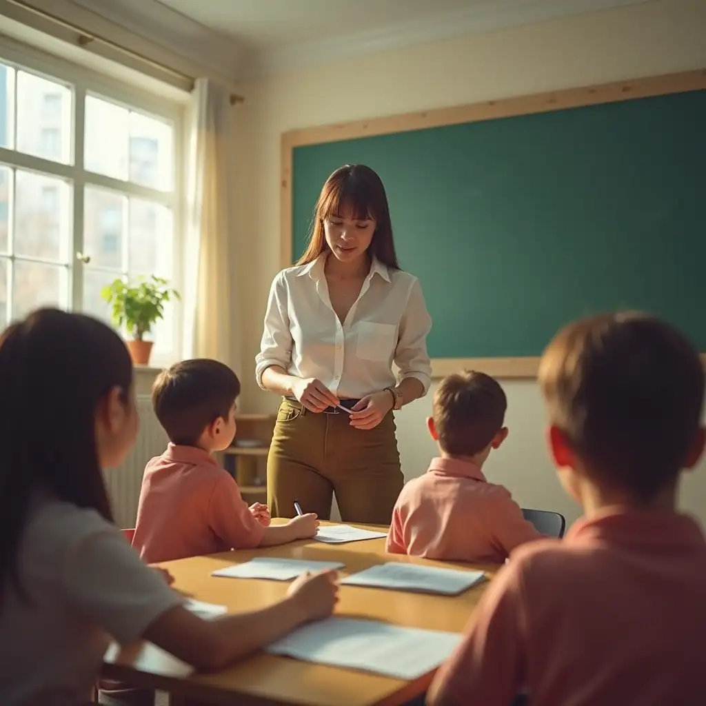 Generate an image of a teacher playing with students of her class room.