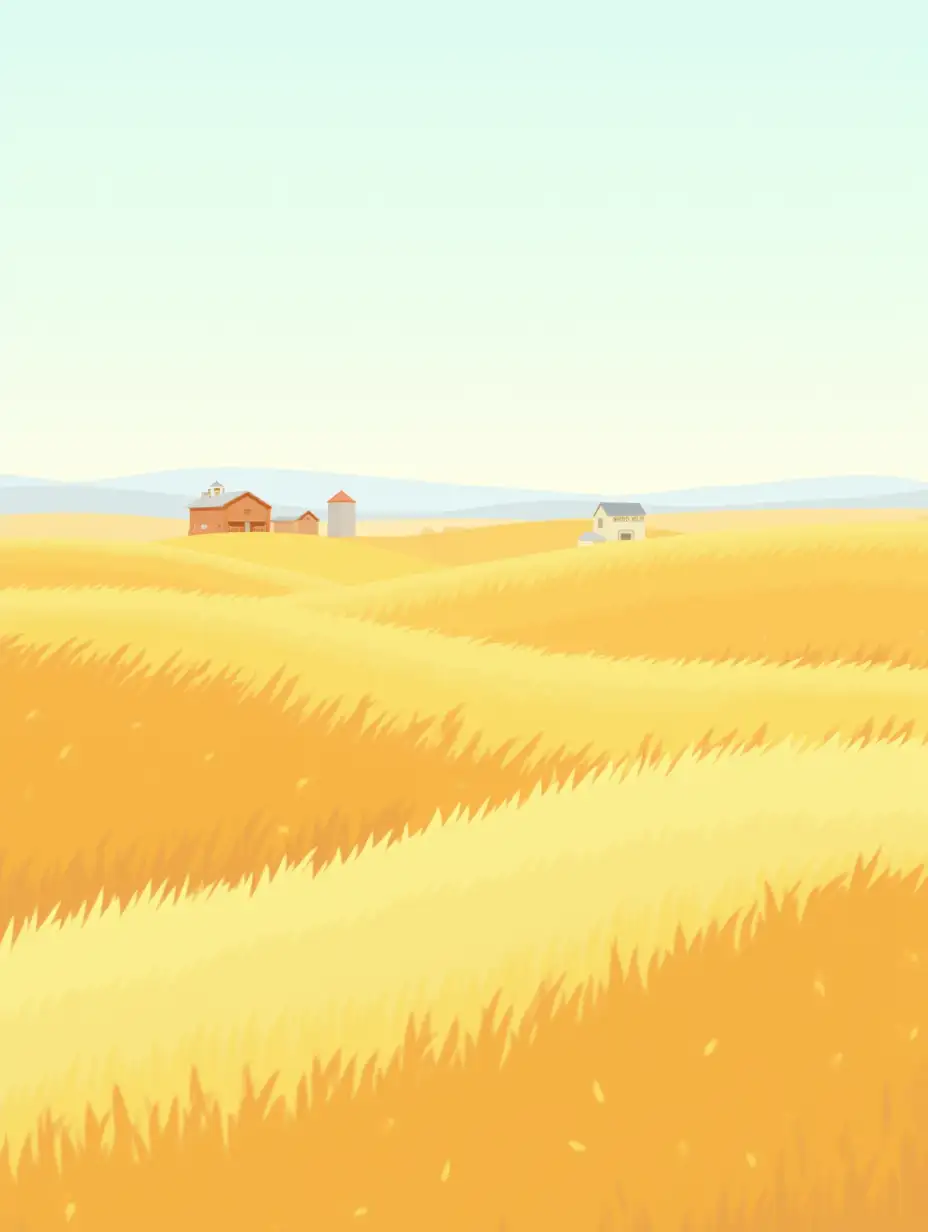 A flat design of endless golden wheat fields swaying under a pale blue sky, with distant farm silos.