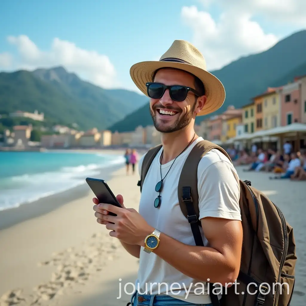 Happy-Traveler-Holding-Smartphone-with-Travel-Rewards-Notification-at-Scenic-Destination
