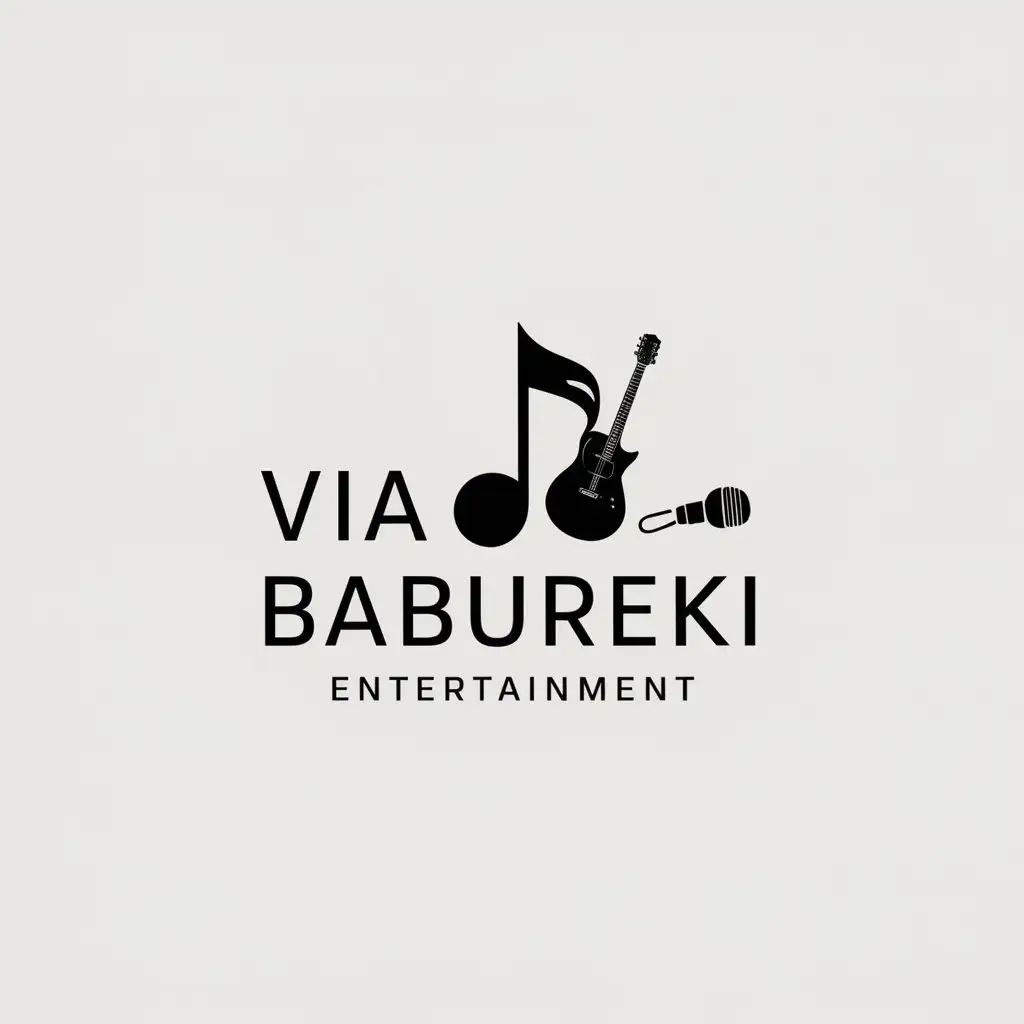 a logo design,with the text "VIA "BABUREKI"", main symbol:note, guitar, crap,Minimalistic,be used in Entertainment industry,clear background