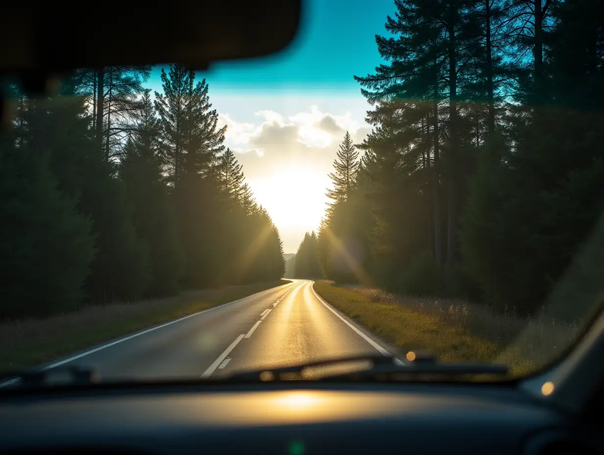 The view shows a beautiful forest road from a first-person perspective. The car turns the road and the sunlight plays on the windows.