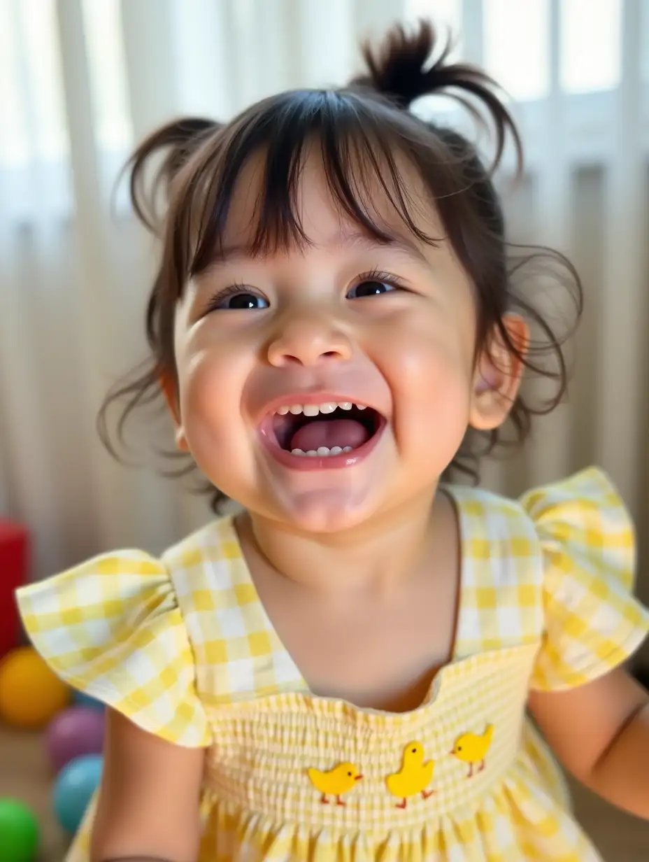 Close-up portrait of a joyful toddler with a big genuine laugh showing missing baby teeth. Wearing a yellow and white gingham smocked dress with embroidered chicks and flutter sleeves. Dark hair styled in playful pigtails. Natural indoor lighting with vertical blinds in background. The dress has delicate hand-smocking details with Easter/spring themed embroidery. Candid expression capturing pure childhood happiness. Soft focus effect around the edges. Some colorful toys visible in the lower corner suggesting a playroom setting.