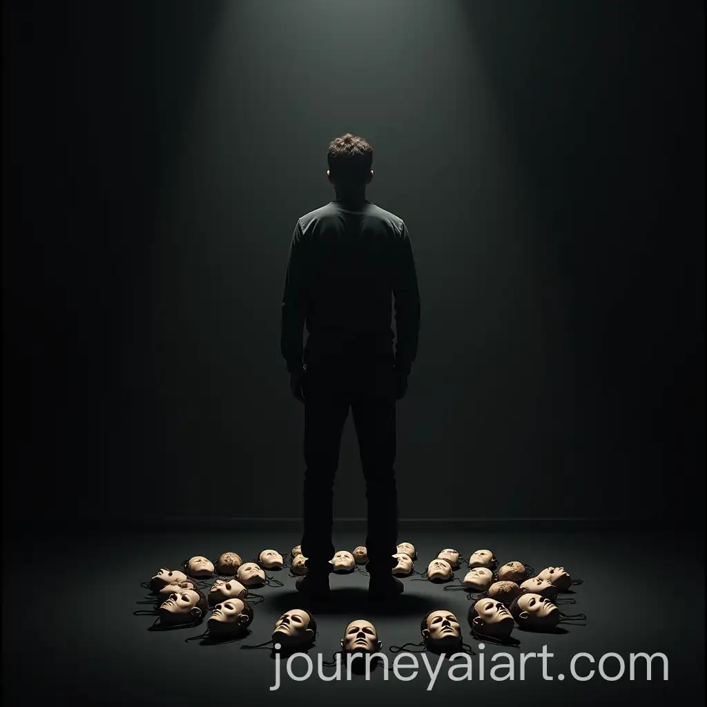 ManAI-Image-Expansion-in-Dark-Room-Staring-at-Mirror-with-Masks-on-the-Floor