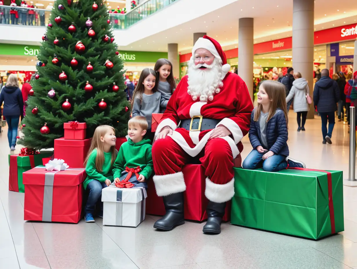 Santa-Claus-with-Children-at-UK-Mall-Surrounded-by-Gifts-and-Christmas-Tree