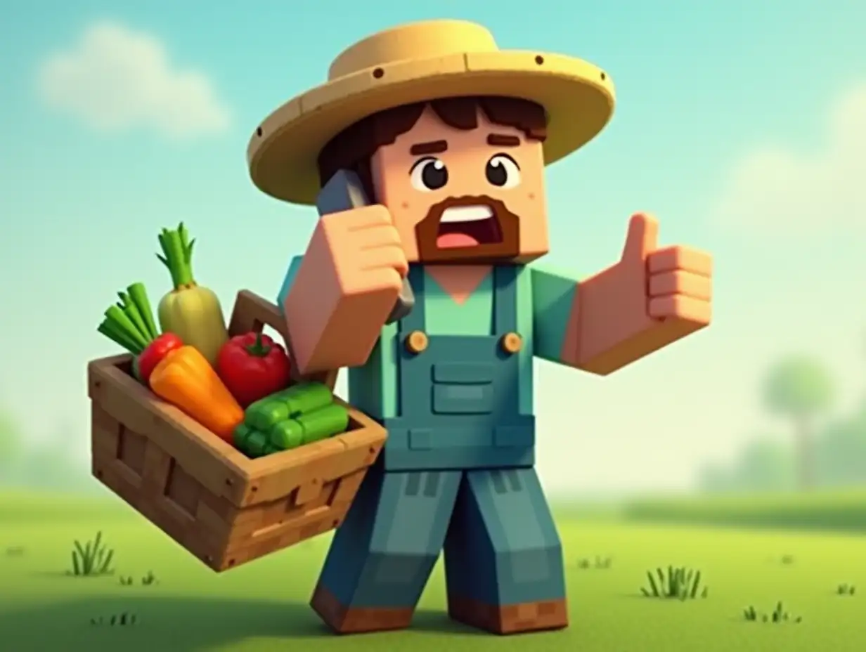 steve from minecraft farmer, wearing a straw hat, holding a basket of vegetables in one hand and talking on the phone in the other, cartoon style