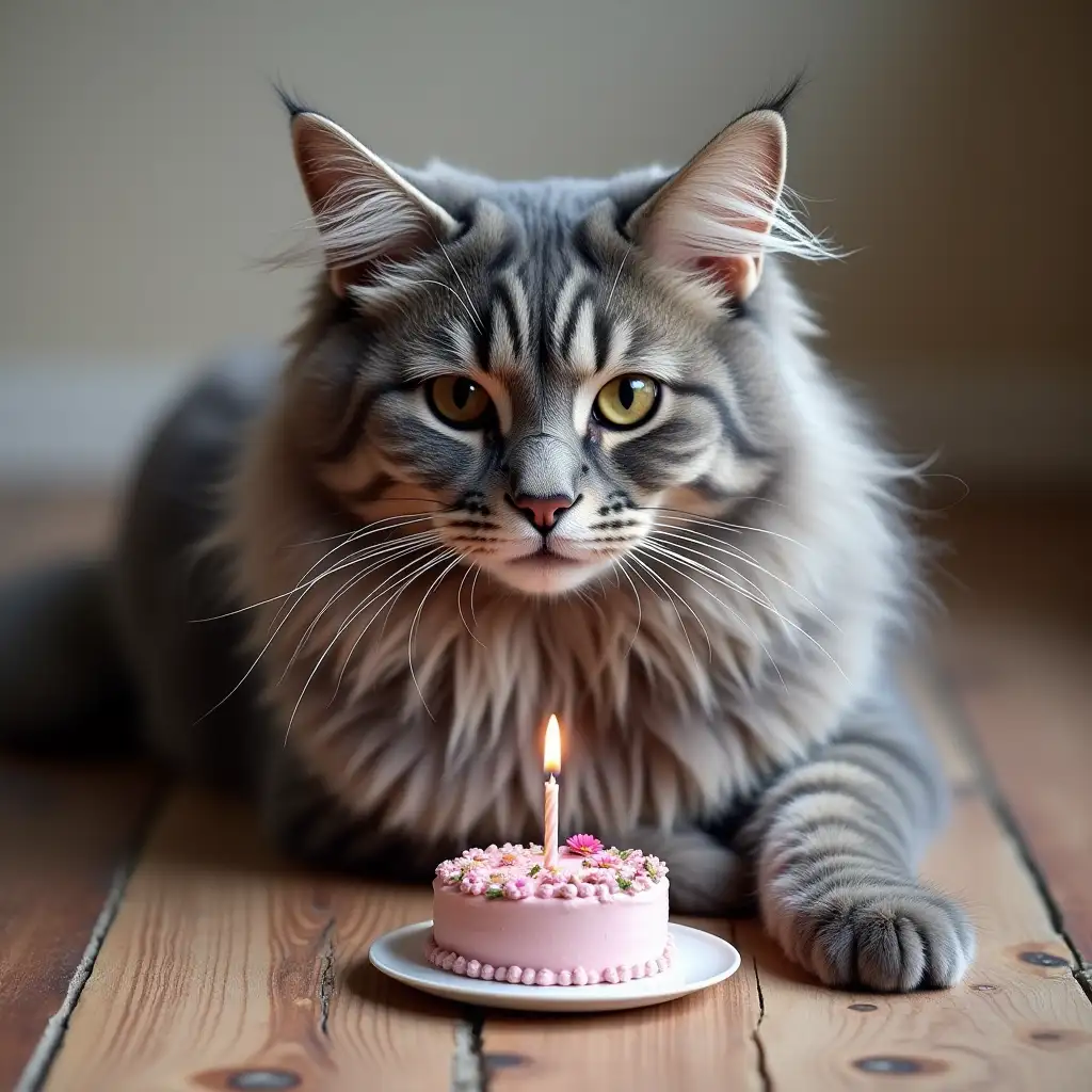 large grey maine coon cat wishing Lana a happy birthyday