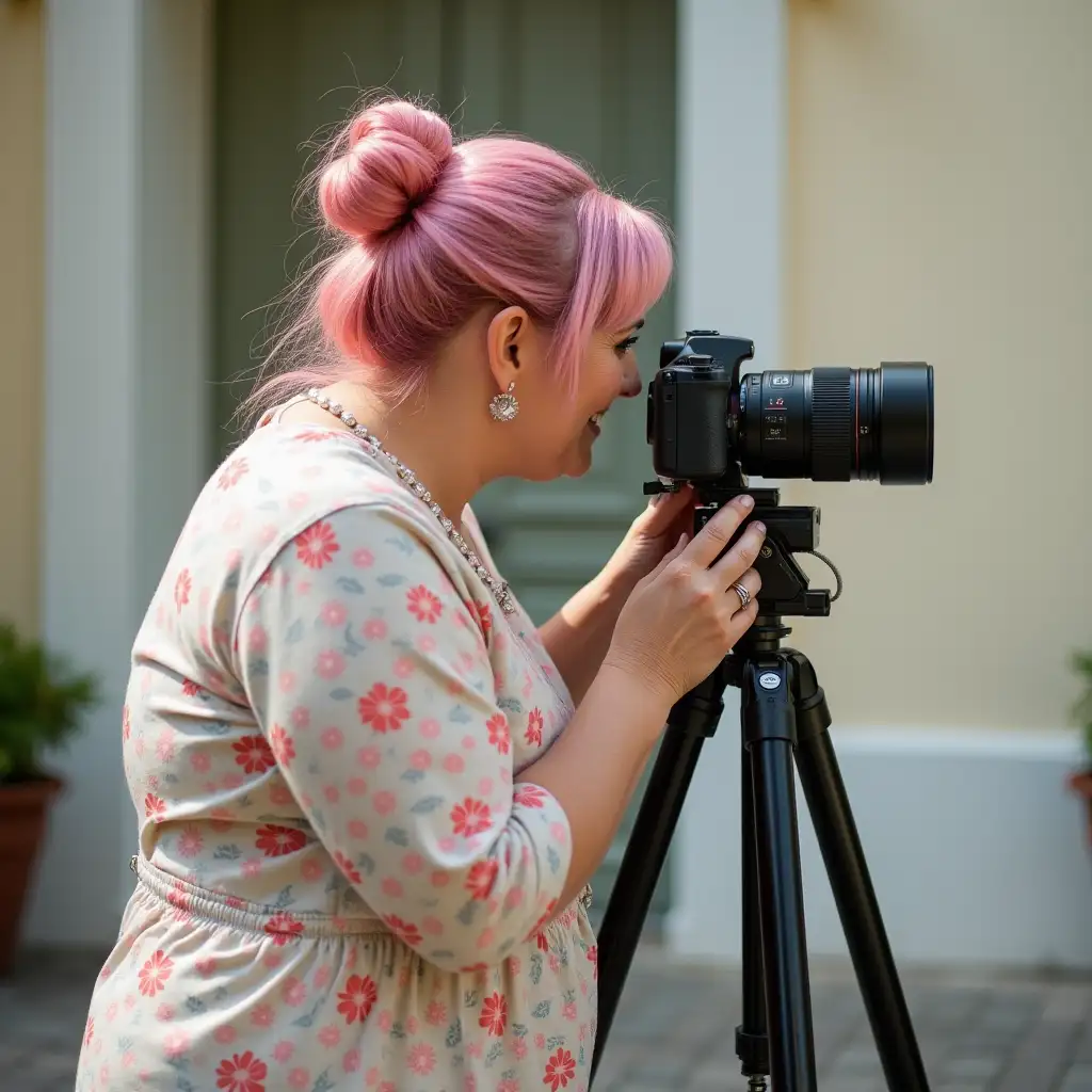 Overweight-Wedding-Photographer-with-Pink-Hair-Capturing-a-Shot-on-Tripod