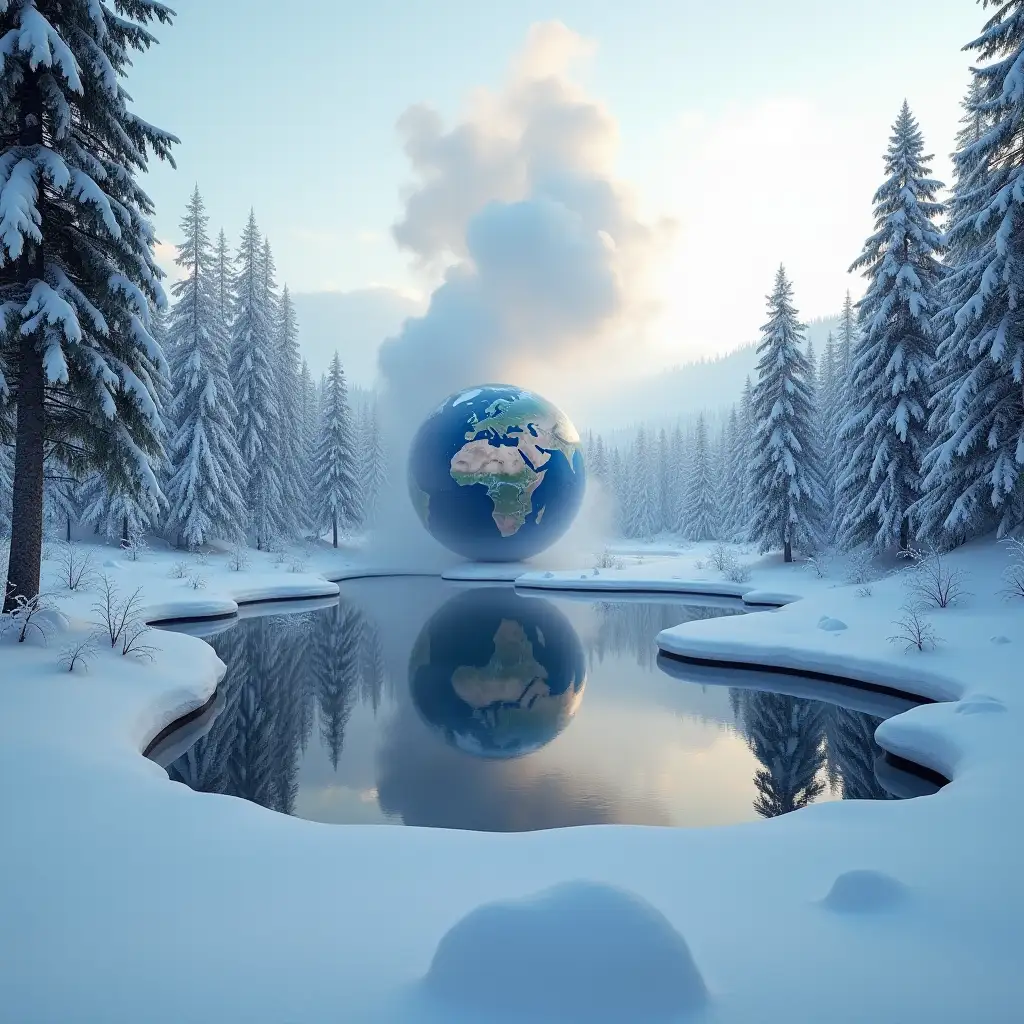 Winter-Alpine-Forest-with-Earth-Floating-Above-Snowy-Lake