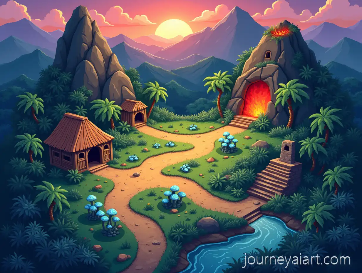 TopDown-Cartoon-Prehistoric-Jungle-Map-with-Dinosaurs-Volcano-and-Ancient-Temple-for-Mobile-Game