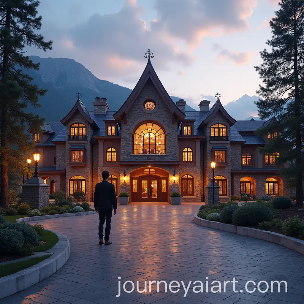 Person-Heading-to-a-Casino-at-a-Mountain-Hotel-Resort-with-CrownShaped-Exterior