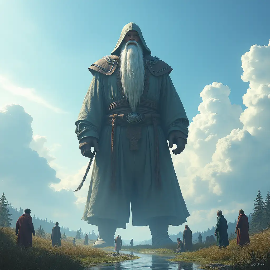 Mega titan 50 meters tall with hood,white long beard with braids clothing to the ground,by the river,plants blue sky,powerful clouds with people