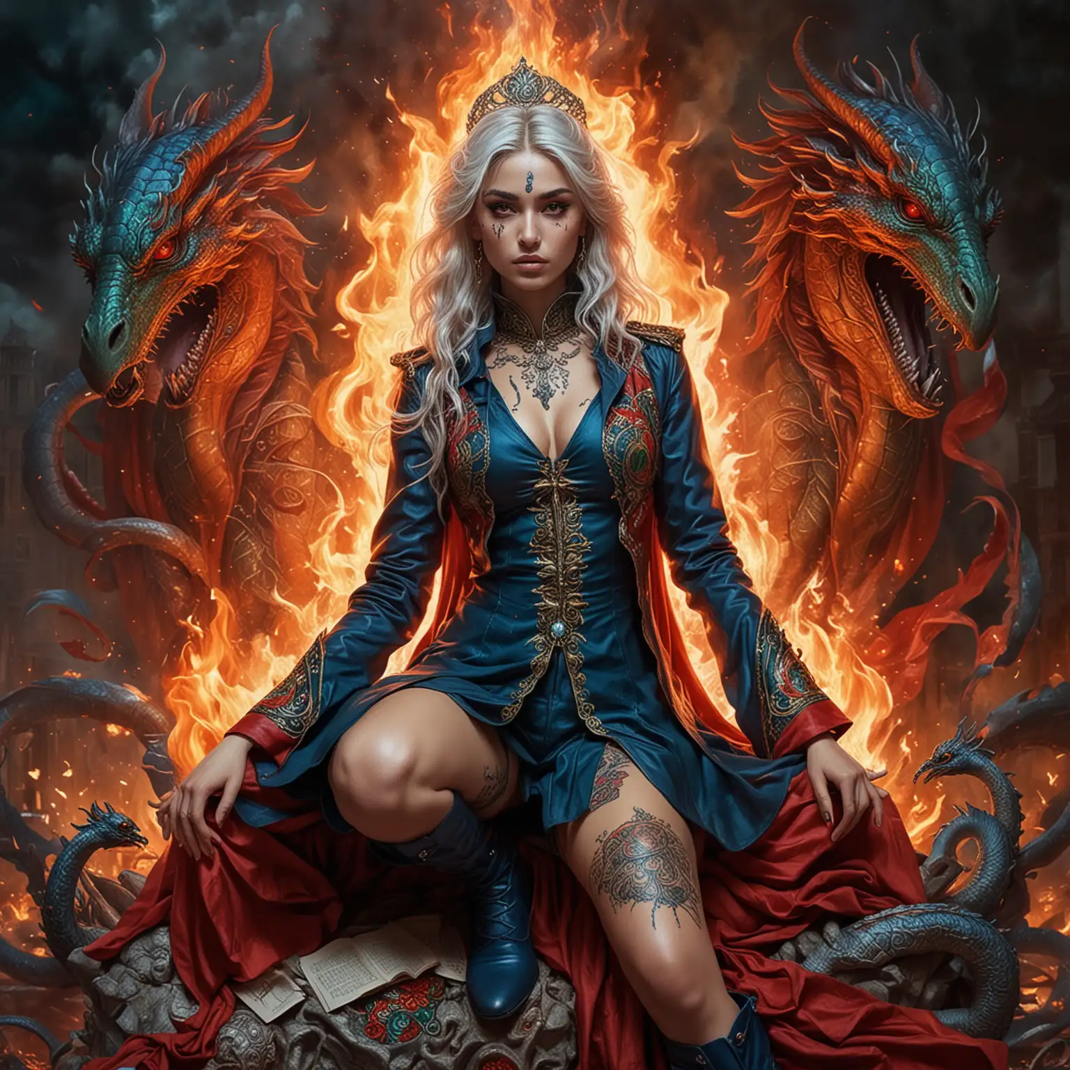 Adolescent Goddess Sorceress Commanding Fiery Dragons in Battle