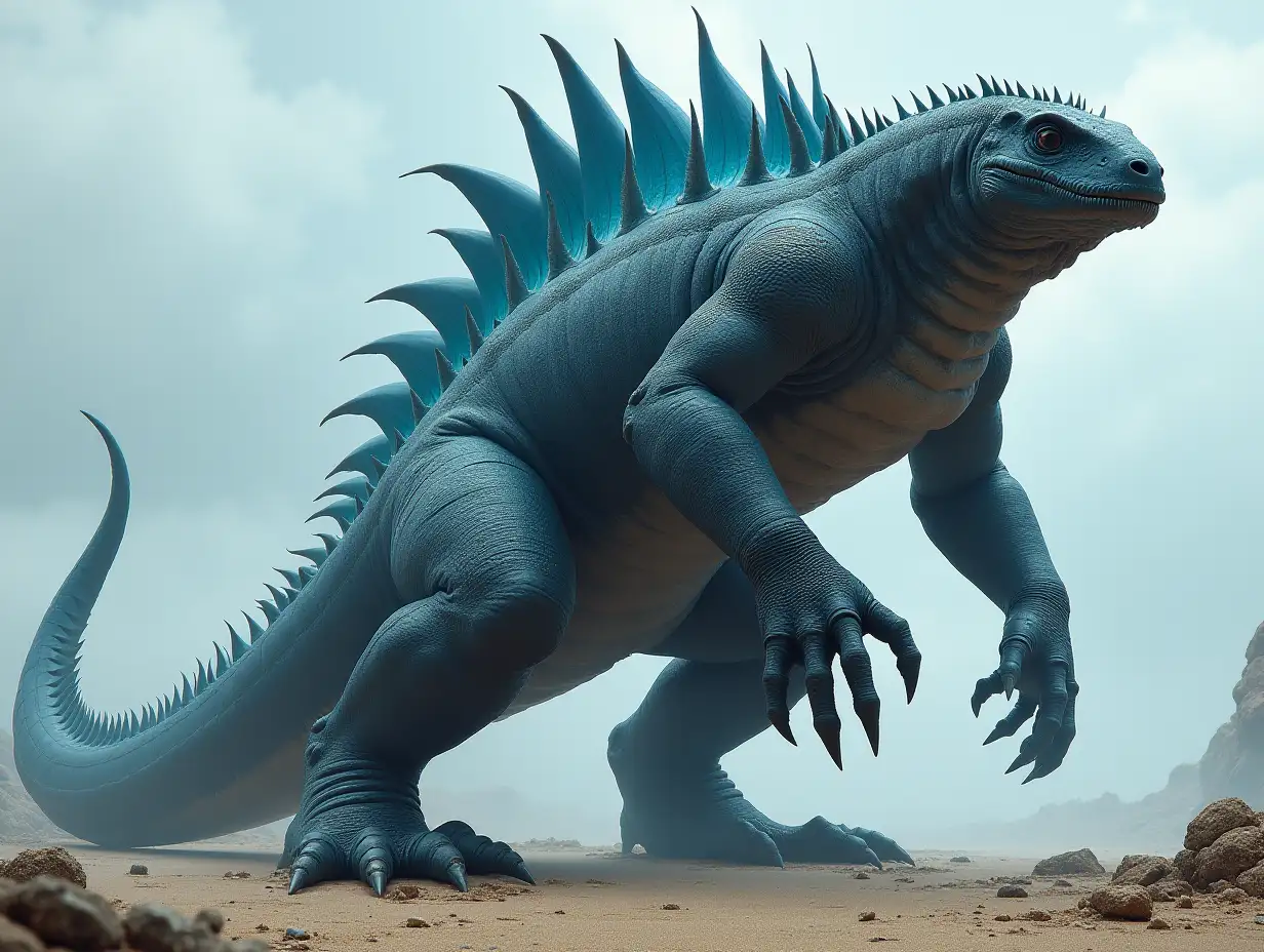 An absolutely gigantic black lizard monster standing on two legs ,has two short arms, long tail and a big blue coral spikes on the back