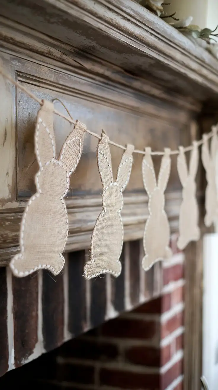 Rustic-Easter-Banner-with-HandStitched-Bunny-Silhouettes-on-Wooden-Mantelpiece