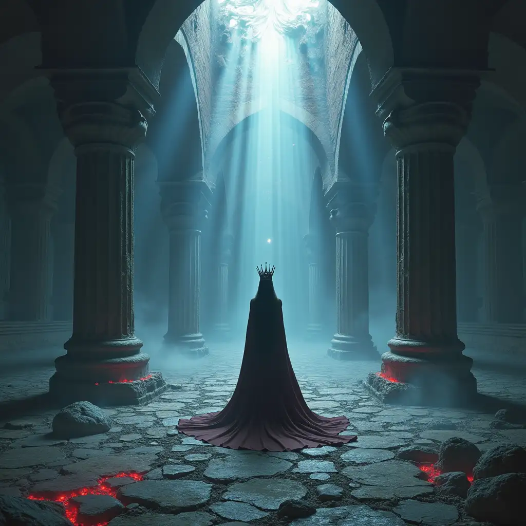 A square-format, dark fantasy album cover in the style of metal artwork. A lone crowned queen stands upright in the center of the frame, calm and imposing, in a majestic, flowing gown. Around her unfolds an inverted, surreal paradise—an upside-down world where the ground is the sky, and the sky is a vast, cracked floor of divine ruins. Her long hair rises unnaturally upward, as if gravity has been reversed only for her. The atmosphere is a haunting blend of serenity and darkness: glowing crimson mists drift through the gothic architecture, and rays of cold blue light slice through the gloom. No other figures are present—only the queen, defiant in a broken heaven. The scene is both divine and ominous, like a celestial apocalypse frozen in time.
