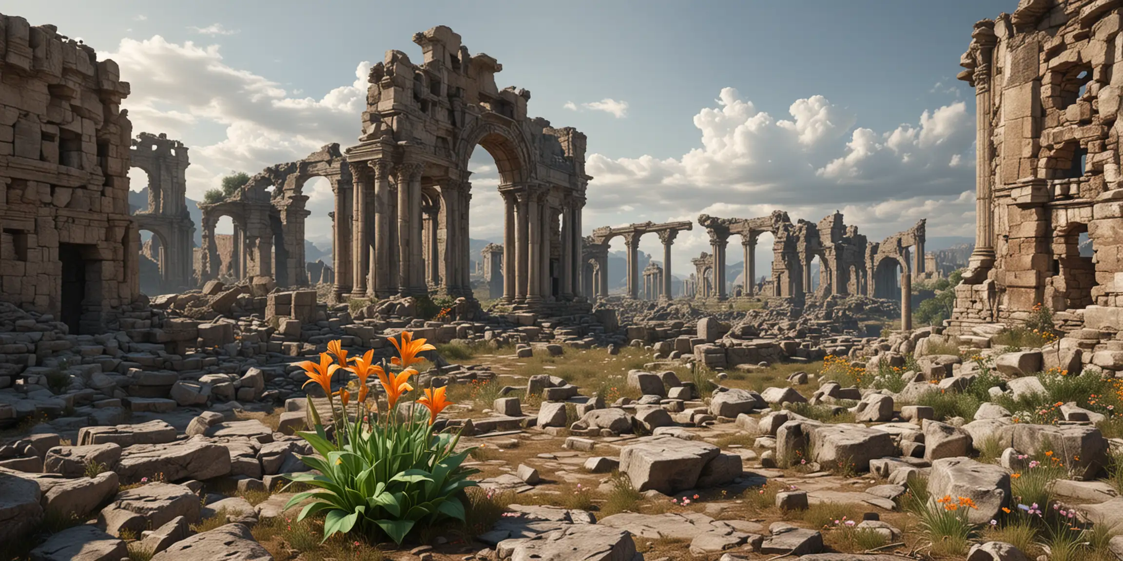 Hyperrealistic Dystopian Landscape with Blooming Flower