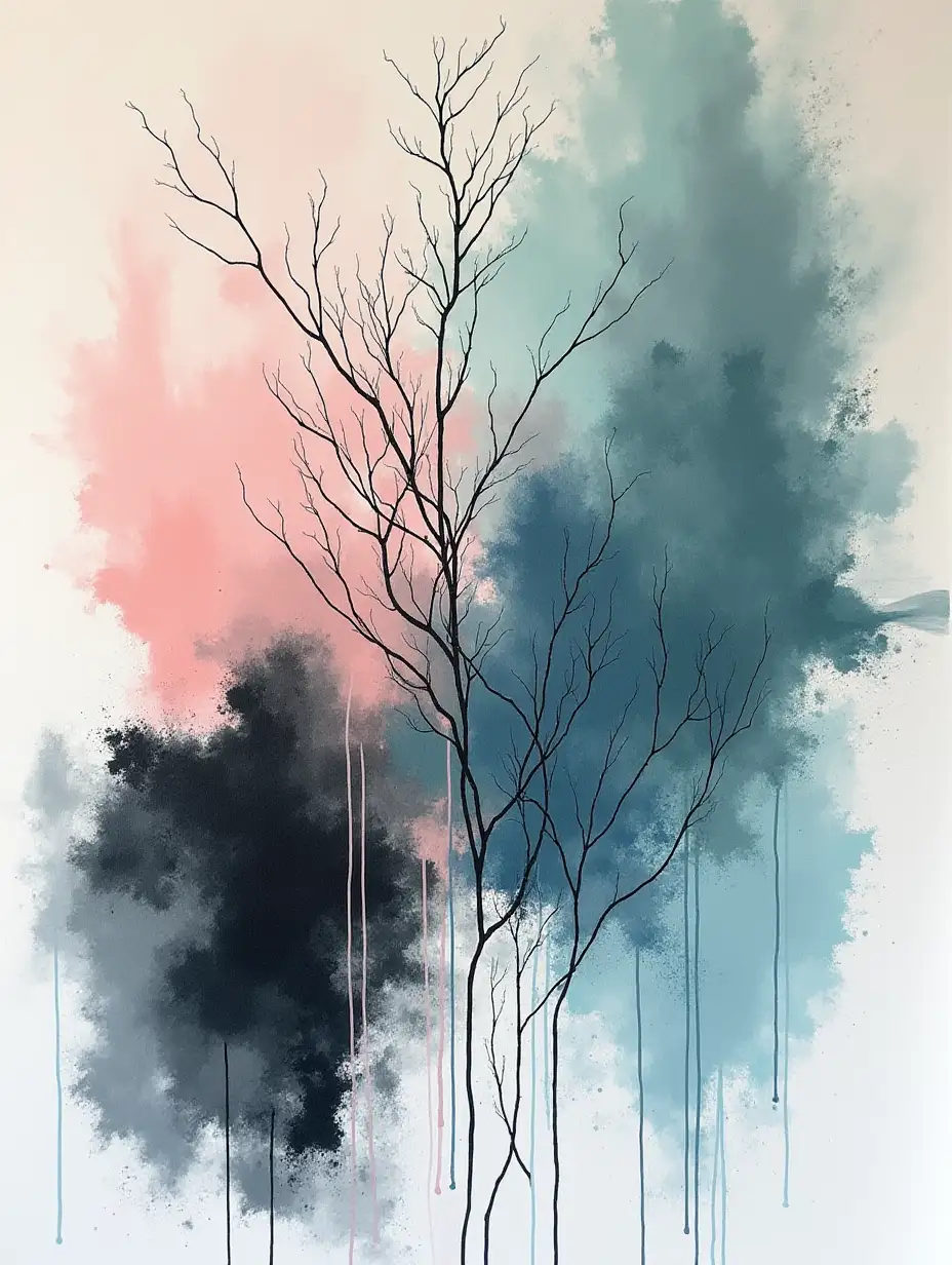 Create an abstract painting featuring dark brushstrokes in charcoal and black, interwoven with intricate, continuous line art in soft pastel shades like blush pink, sky blue, and mint green. Include empty negative spaces for a minimalist yet detailed composition