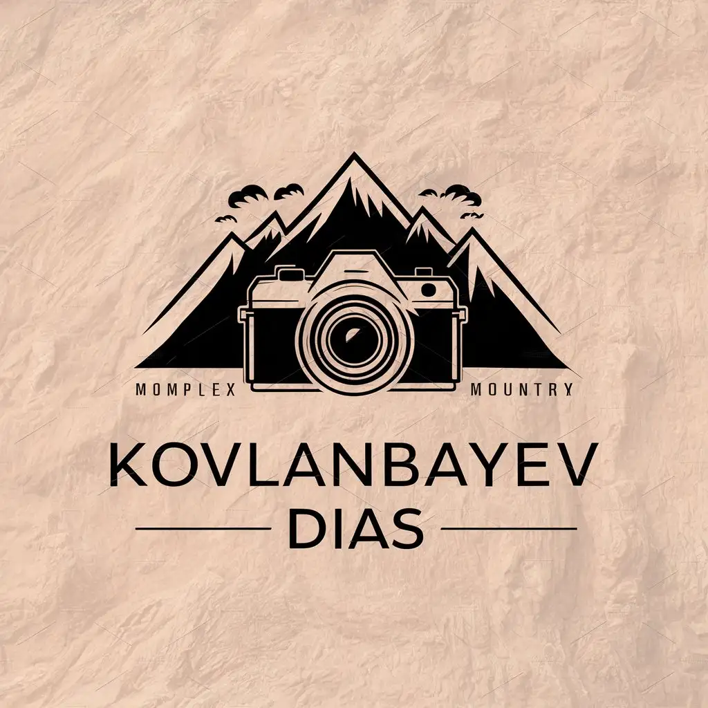 a vector logo design,with the text "Kovlanbayev Dias", main symbol:Camera on the background of the mountains,complex,be used in Photo industry,clear background