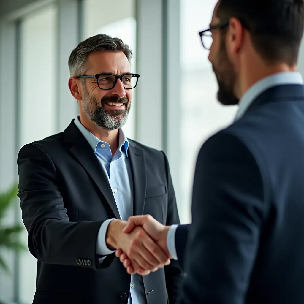 two business men shaking hands, one with a medium length beard and glasses, and the other just with glasses. business attire