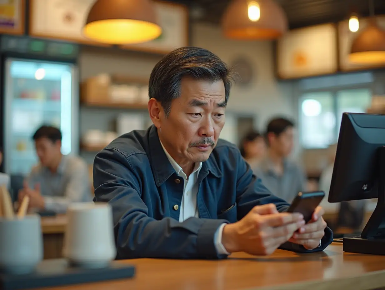 A picture of a 50-something Korean man sitting at the cashier in a restaurant, looking at his phone with a slightly annoyed face.