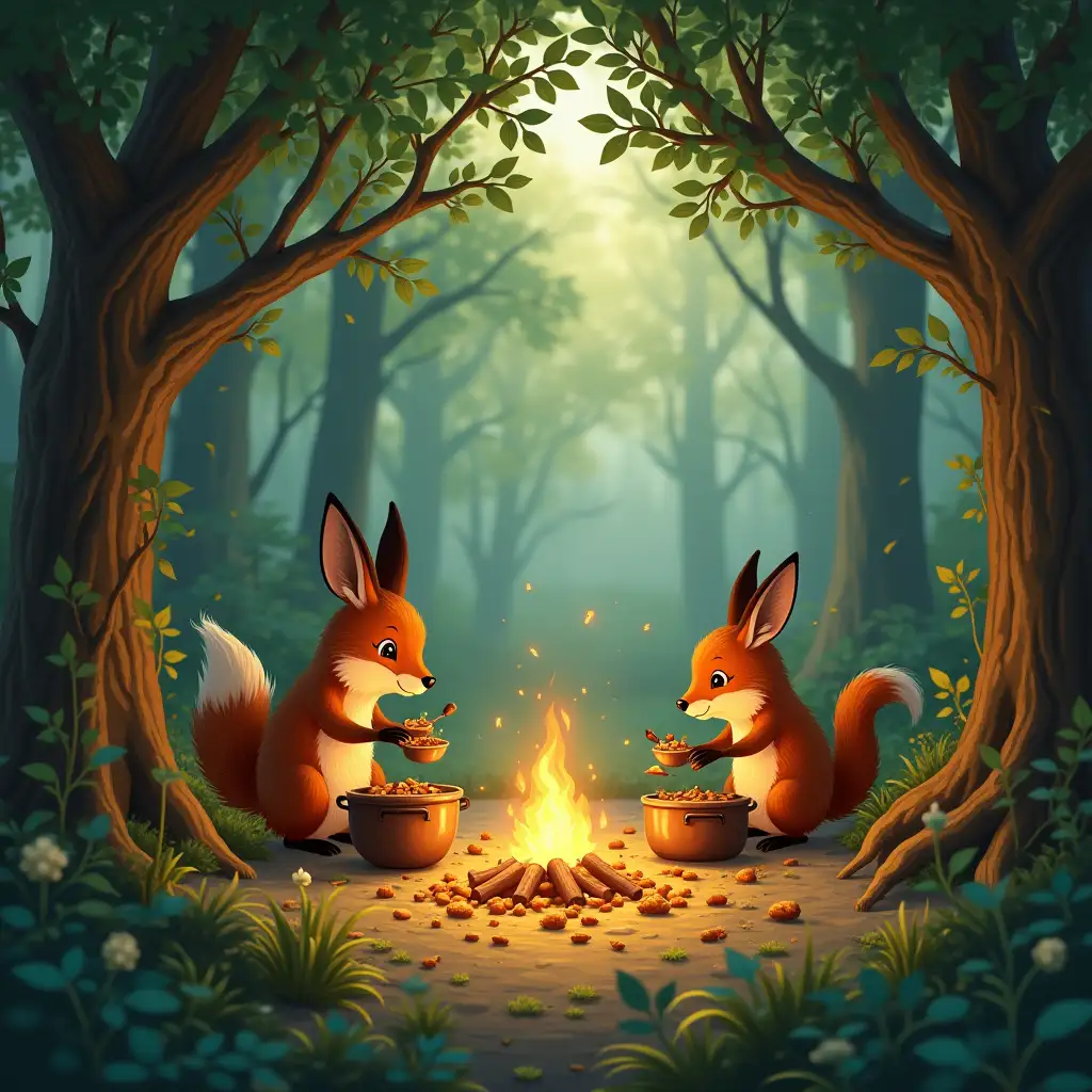 In an enchanted forest, animals with charming faces, foxes, rabbits, squirrels and others, are cooking meals in tiny pots. They are cooking on small stoves or over the fire. Their homes are well hidden among the leaves, appearing to be part of the forest itself. The light filters through the branches creating a soft, shadowy, and welcoming atmosphere. Captured with a Leica S3 Medium Format DSLR on an aperture of f/16 to capture great detail in the landscape. Soft lighting should give the scenes an inviting, warm and safe feeling. The scene is stylized to resemble classic hand-drawn animation --ar 4:3 --quality 1 --stylize 50 --seed 123456.