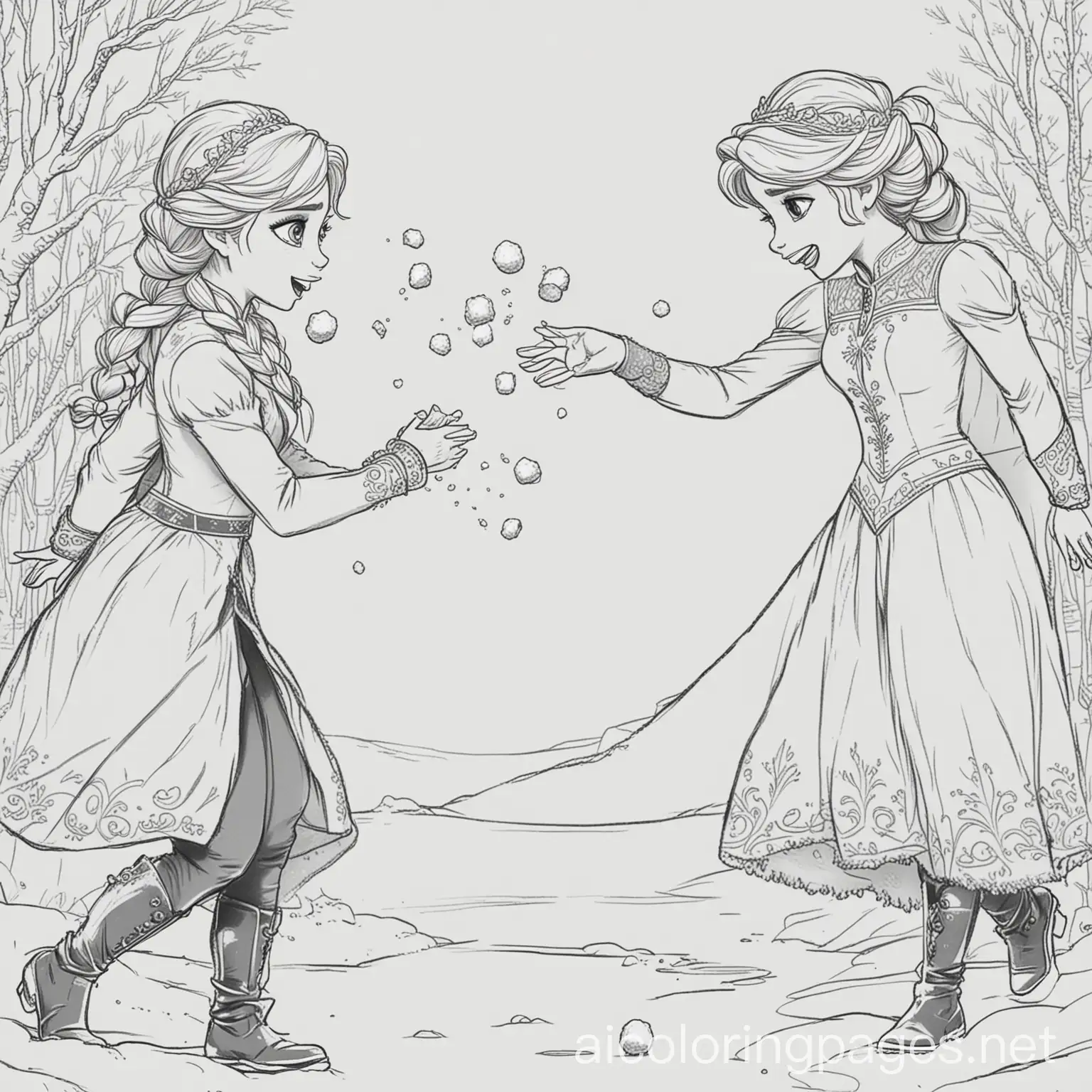 Anna and Elsa having a snowball fight, Coloring Page, black and white, line art, white background, Simplicity, Ample White Space. The background of the coloring page is plain white to make it easy for young children to color within the lines. The outlines of all the subjects are easy to distinguish, making it simple for kids to color without too much difficulty