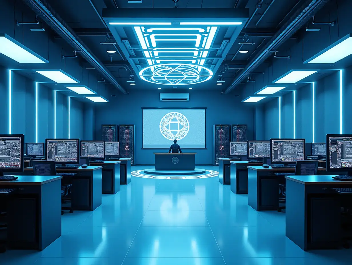 160 square blockchain computer room laboratory, global bird's eye view diagram, 100 sets of computer array layout, there is a teacher machine and a rostrum in front, and there are two large electronic screens, and there are server racks in the back. The ceiling has a blockchain logo with bright white lights and central air conditioning, and the overall atmosphere is white light.