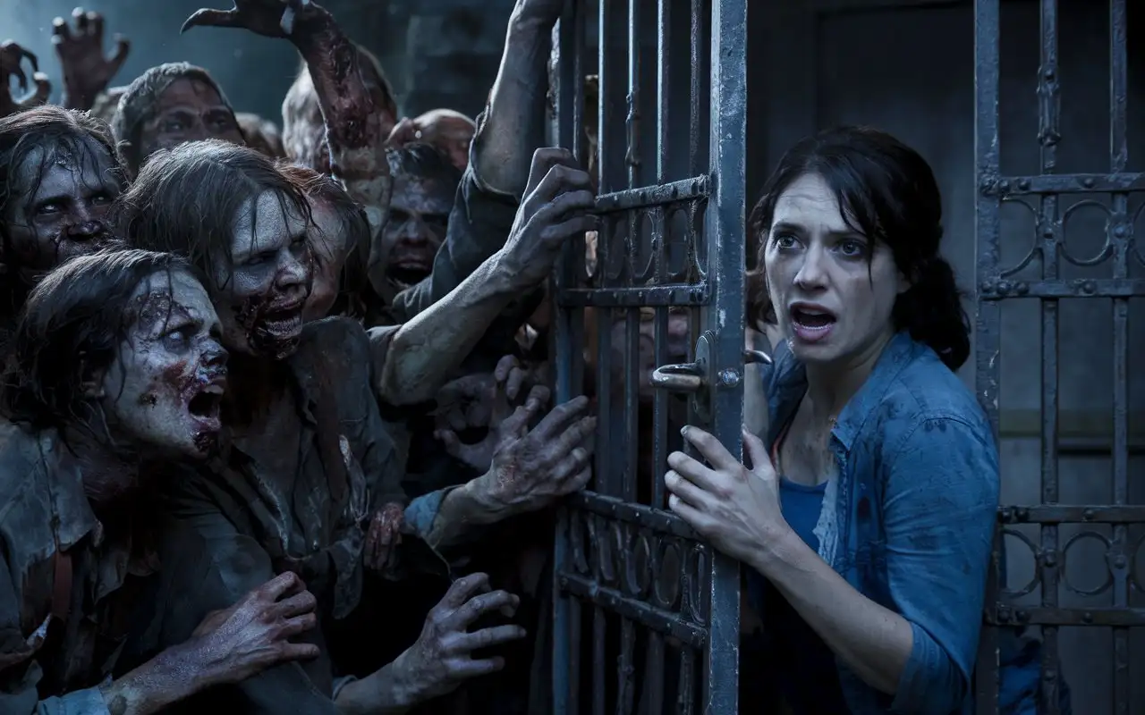 Zombie-Horde-Reaching-for-Victim-Behind-Bars-in-Dark-Night-Scene