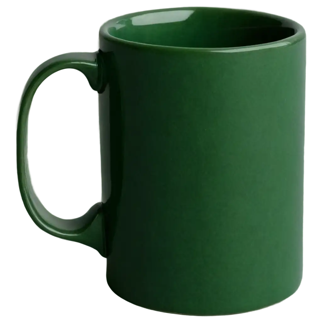 Create a mug. Dimensions: 8cm diameter at the top edge and 8cm at the bottom, height 10cm, dark green color, Add a handle in the number 6 shape