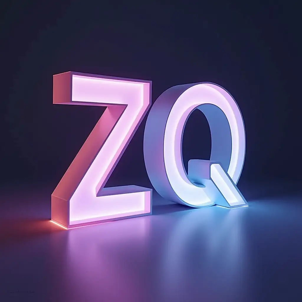 3D analogue of the "ZQ" logo, author's style "The paradoxical reality of the optimal minimum of the unlimited possibilities of phosphor design technology", background faded colors, © 