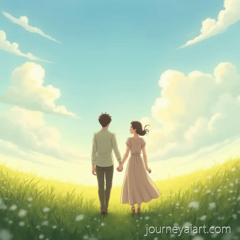Romantic-Anime-CoupleRomantic-anime-couple-walking-Walking-HandinHand-in-Grassy-Field-under-a-Beautiful-Sky