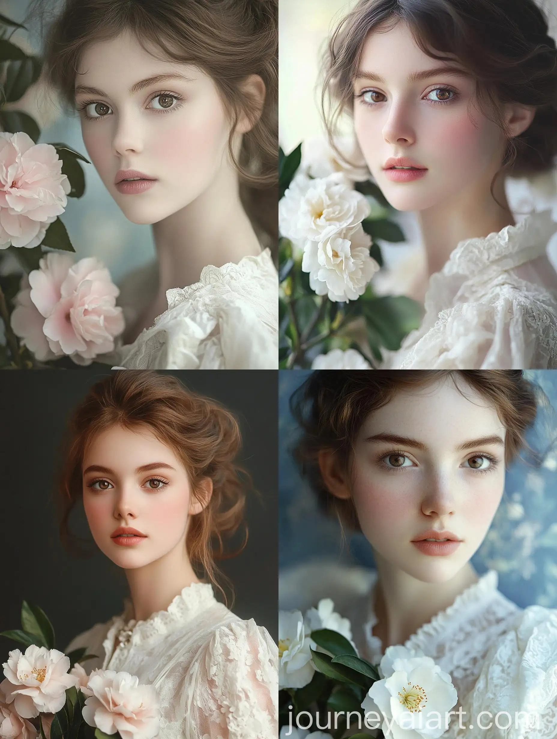 Elegant-Brunette-Woman-in-1880s-White-Dress-Holding-Camellias