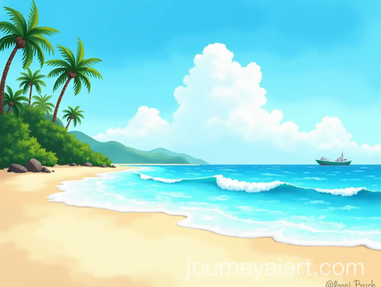 Tropical-Beach-Scene-with-Gentle-Ocean-Waves-and-Palm-Trees