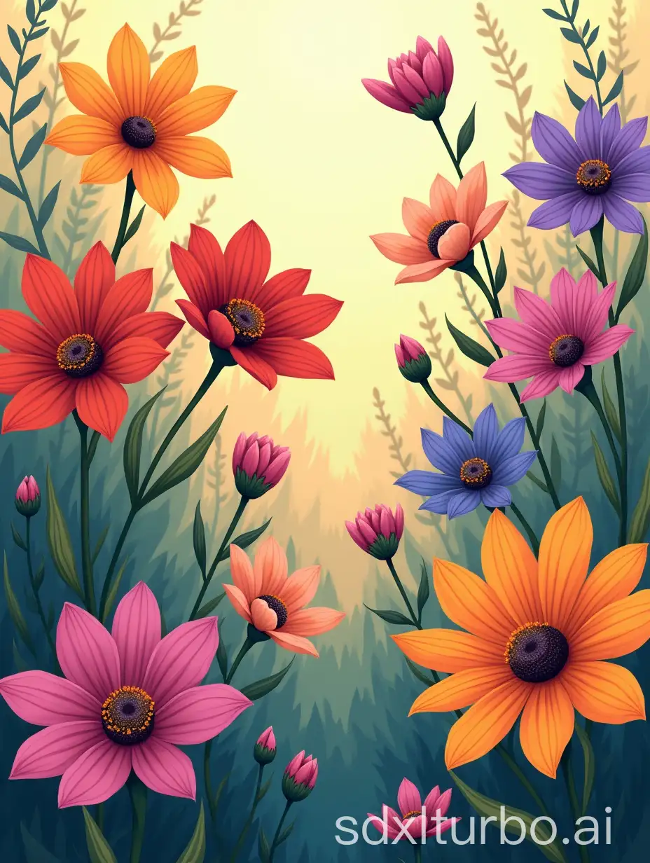 a hidden object picture with a broad spectrum of different flowers in an flat shaded comic style