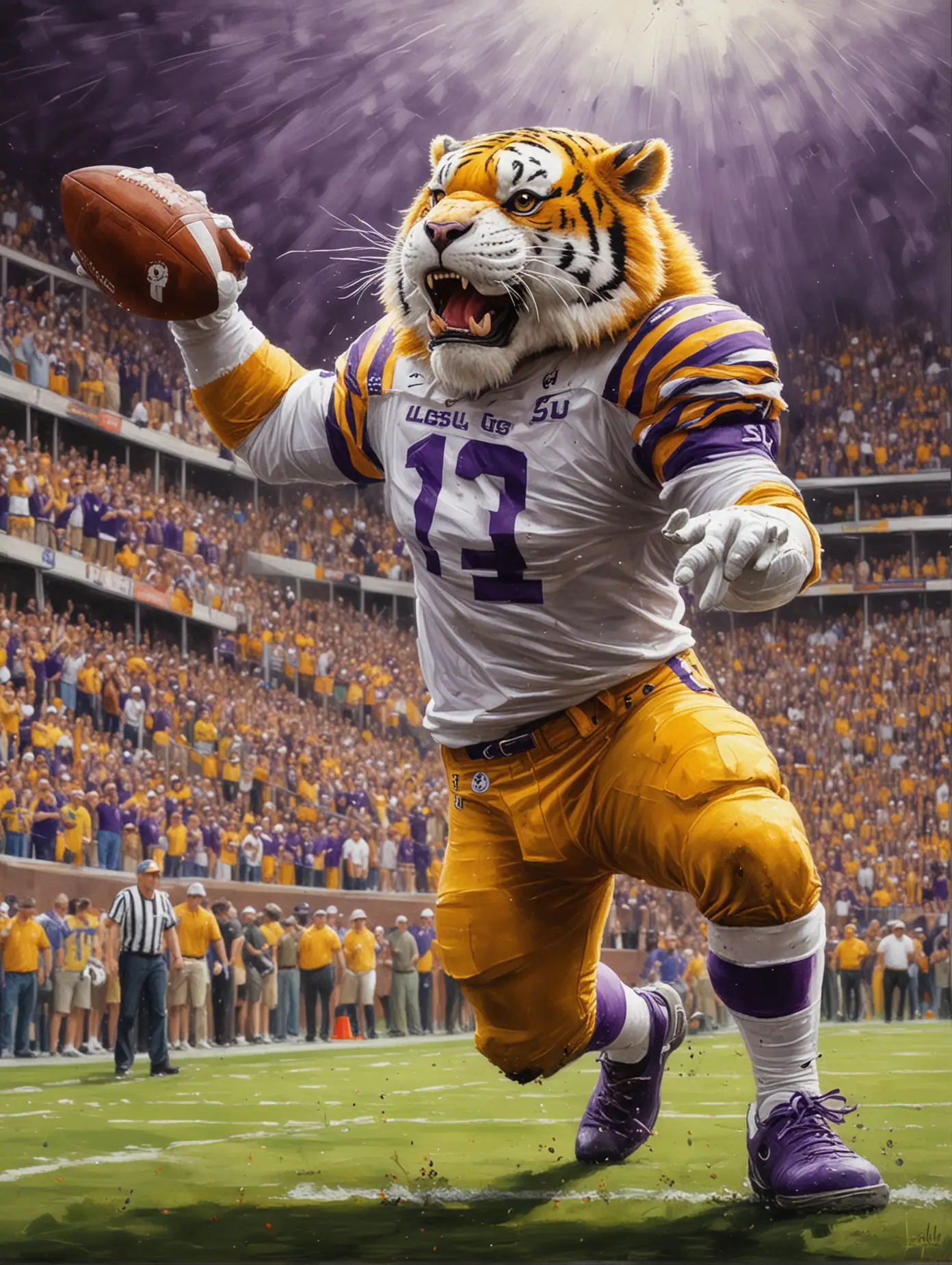 a painting of MIKE the LSU mascot spiking a football