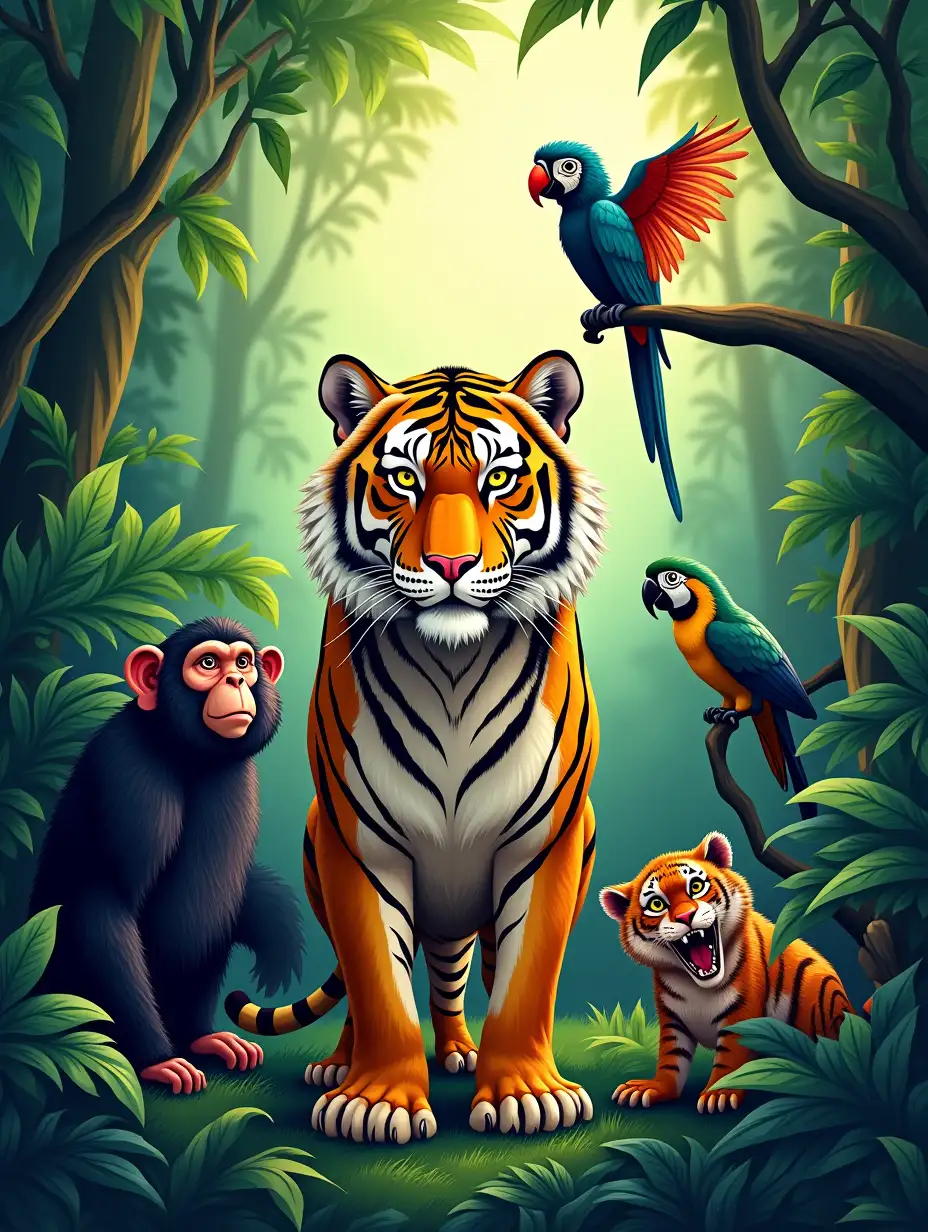 A vibrant jungle scene teeming with life, featuring a diverse array of exotic animals in their natural habitat, set against a lush green backdrop with dappled sunlight filtering through the dense foliage, where a majestic tiger with piercing yellow eyes and a elegant golden coat stands regally in the foreground, surrounded by a playful monkey with shiny black fur and a mischievous grin, a brightly plumed parrot perched on a nearby branch, and a gentle boa constrictor slithering through the underbrush, all rendered in a highly detailed, colorful, and dynamic illustration style with bold lines, expressive textures, and a sense of movement and energy.