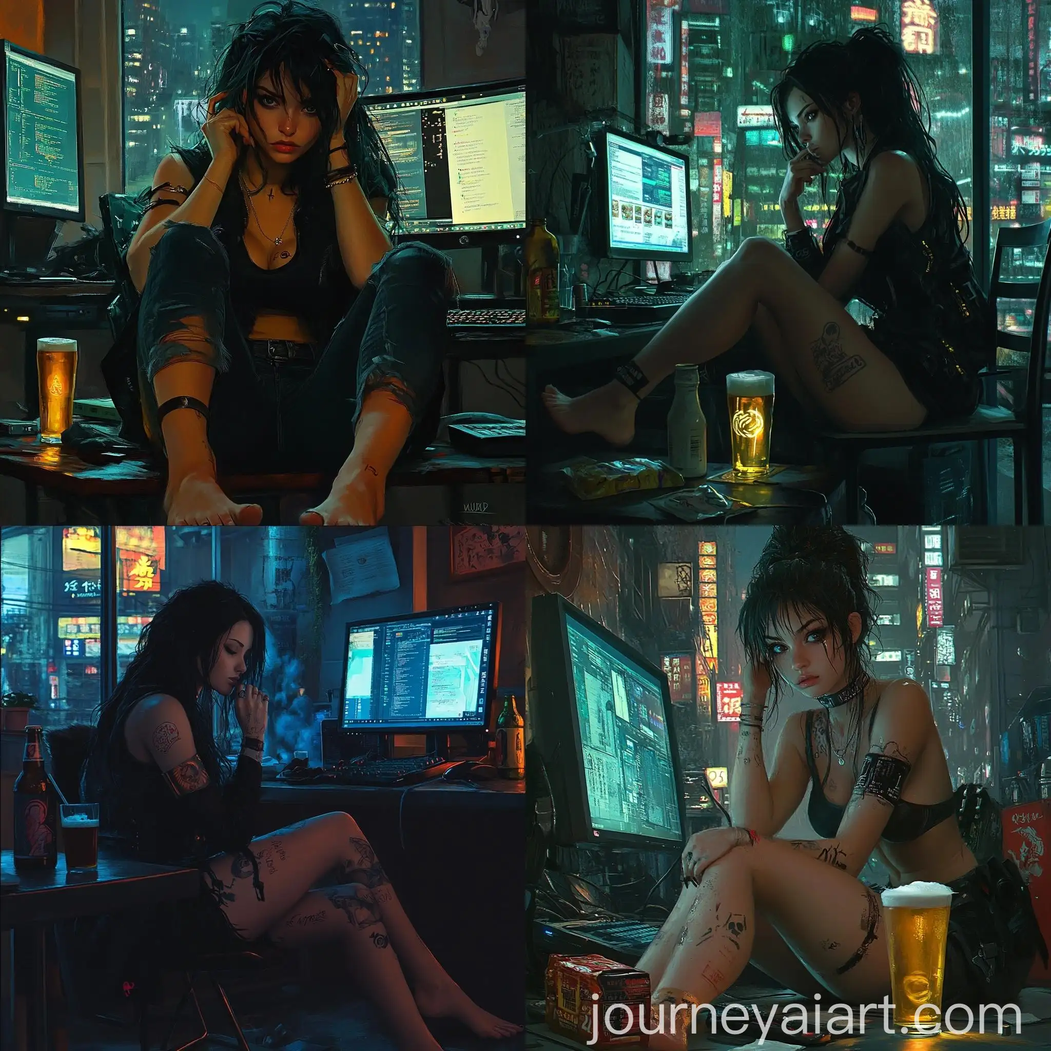 Cyberpunk-Woman-at-Computer-with-Noodles-and-Beer