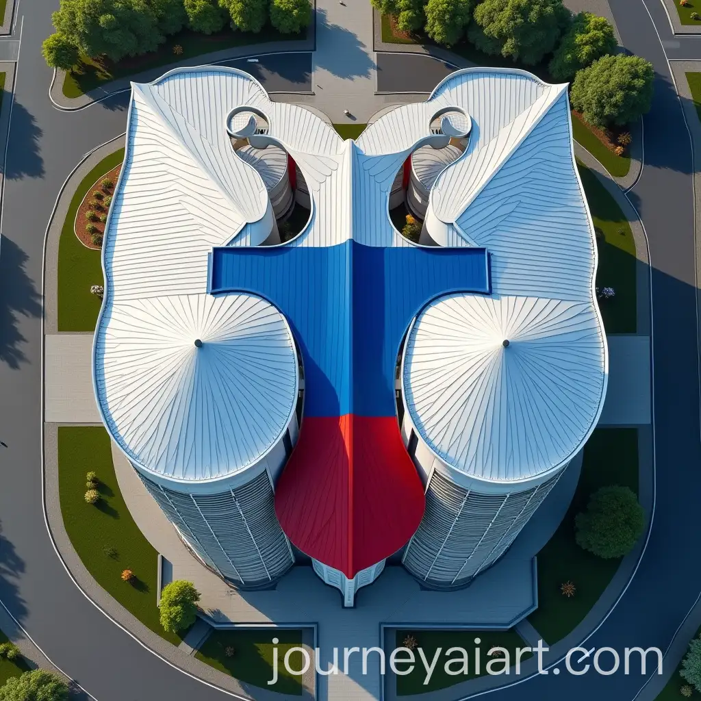 Modern-Hotel-with-Roof-Shaped-Like-Russian-DoubleHeaded-Eagle-and-Flag-Colors