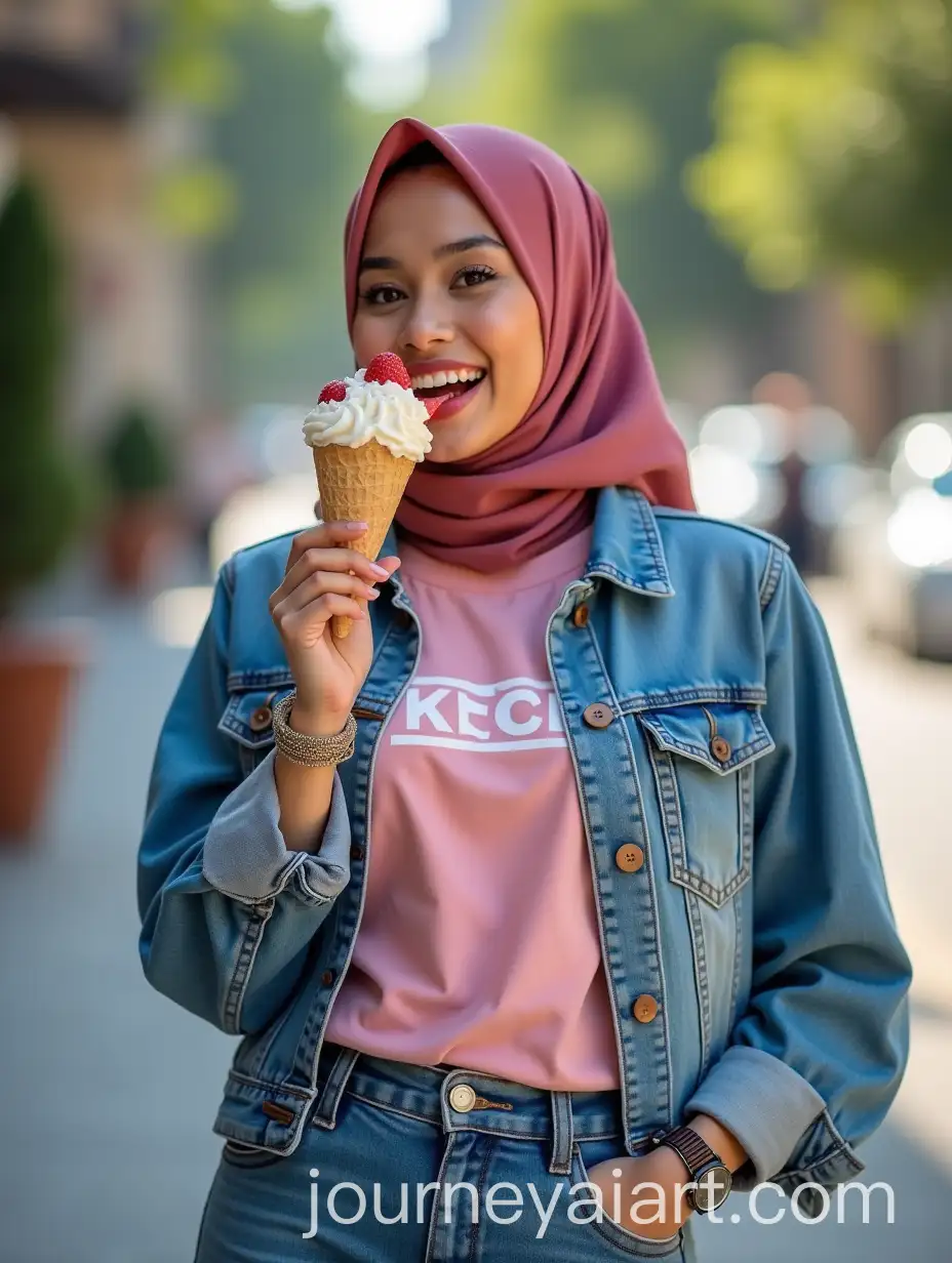Indonesian-Woman-in-Hijab-Enjoying-Cold-Ice-Cream-with-Strawberries-and-Melted-Chocolate-on-a-Summer-Day