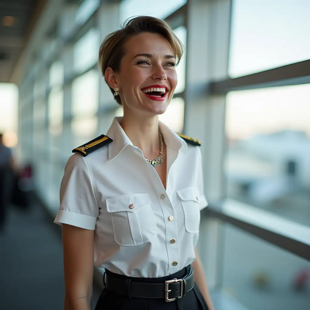 white norvegian pilot lady, in white deep-necked pilot shirt, laughing with her mouth open, red lipstick accentuating her smile,belt on waist, big wide hips, chest are fully grown, jewerly, short hair, HD, enjoing at airport , photo-realism