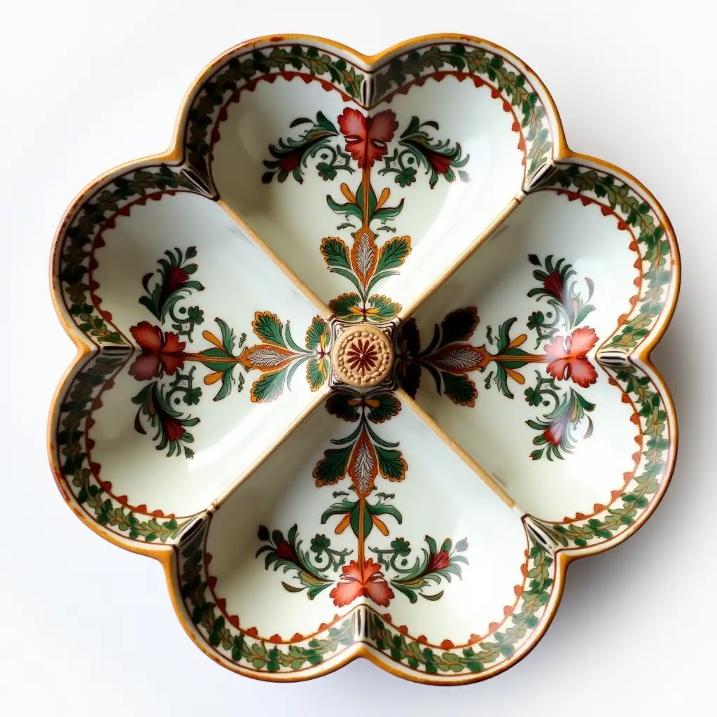 A four-piec ceramic serving in the shape of a four-petaled flower with embossed beautiful Ceramic handle, Underglaze painting on white body, Fine art, Hyper detailed, Antique and old, Qajar art, Iranian Tabriz carpet design