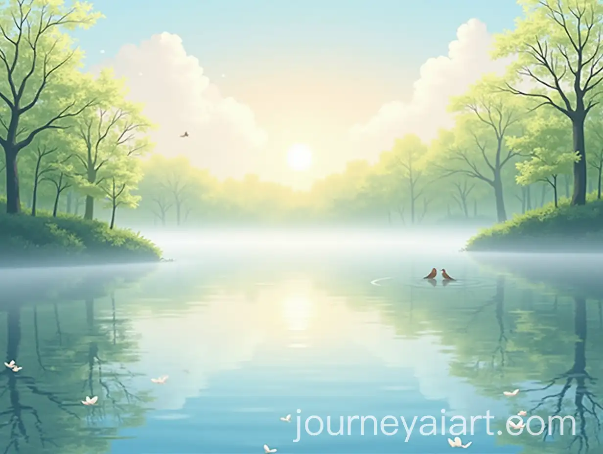 Animestyle-Illustration-of-Serene-Lakeside-Morning-with-Birds-and-Misty-Atmosphere
