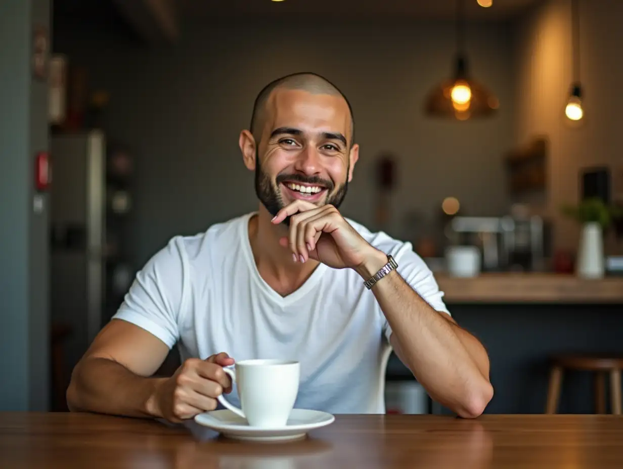 Create realistic picture for a handsome man of Cambodian is sitting on a chair and drinking coffee nearly wooden table, head bald with shorter hairs, wear v t-shirt white color, with charming face