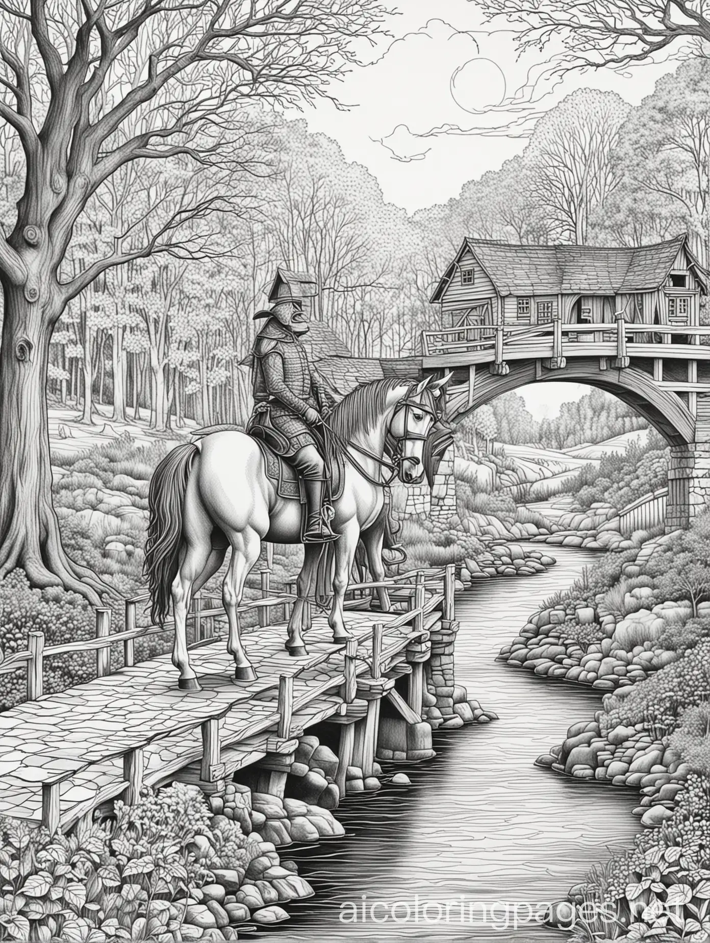 Zentangle-Halloween-Coloring-Page-Featuring-the-Headless-Horseman-and-Covered-Bridge