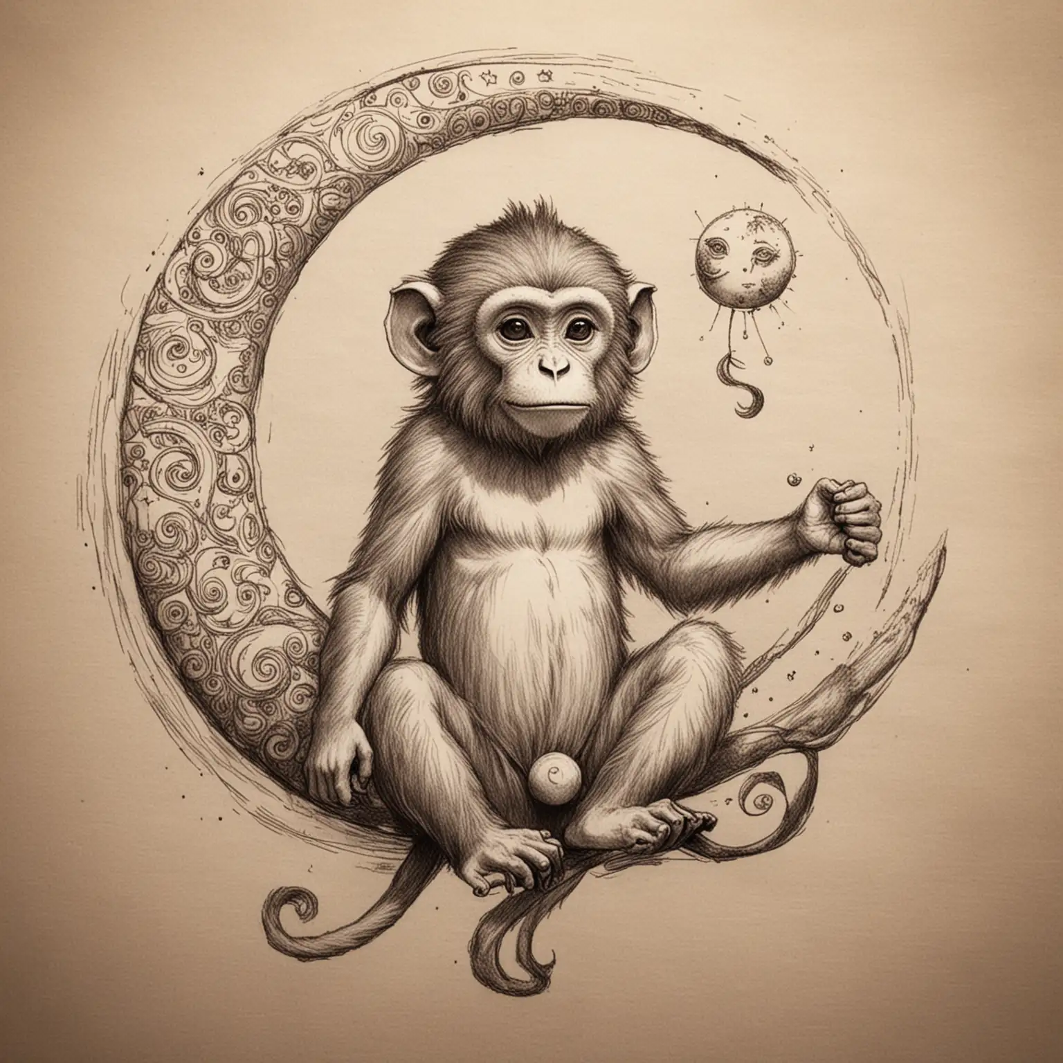 Monkey Holding Sun and Moon with Tail Wrapped Around