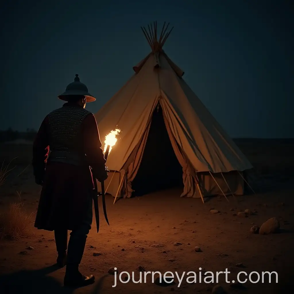 Soldier-Advancing-Toward-Tent-at-Night-in-18thCentury-Persian-Military-Attire