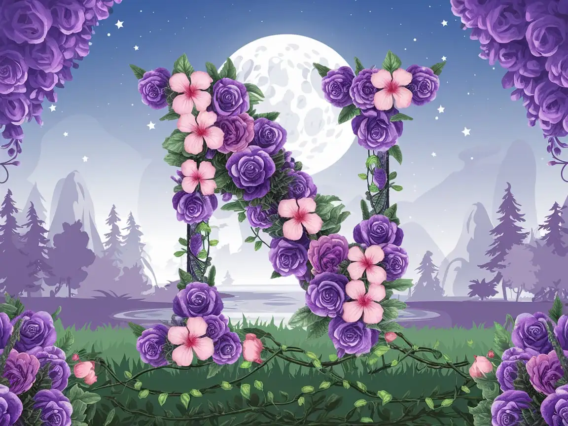 Floral Letter N in Moonlight with Rainbow Hues